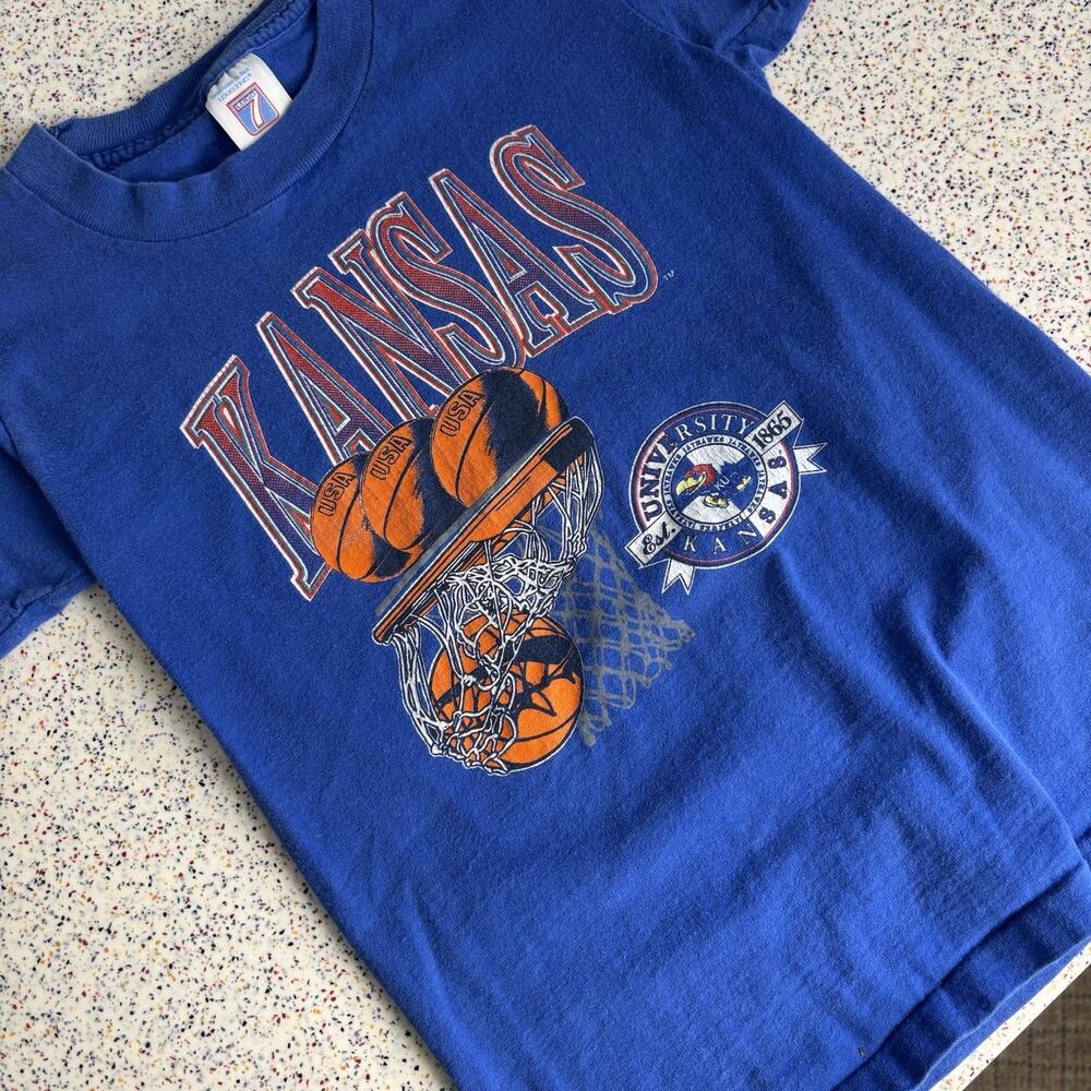 Vintage 90’s Youth KU Jayhawks Kansas University Logo 7 Basketball Shirt NCAA M